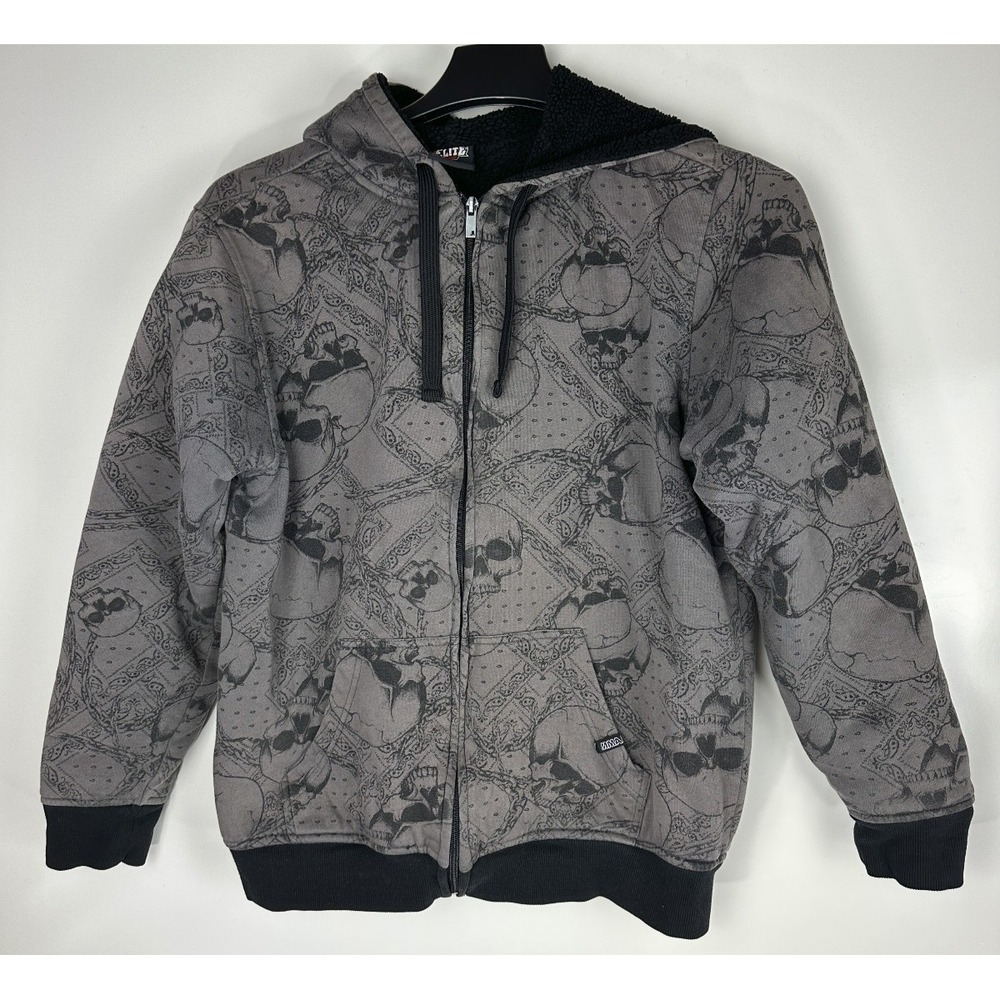 MMA Elite Hoodie Sherpa Lined Grunge Full Zip Y2K Alt Punk Skull Emo Mens Medium - Picture 2 of 16